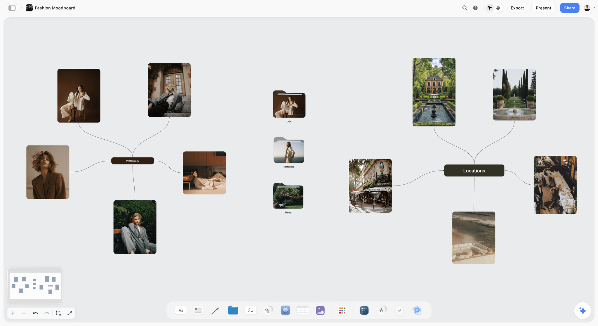 A fashion photoshoot moodboard on the Storyflow canvas, with the color story, lighting references, posing frames, wardrobe direction, and mood words arranged as one board